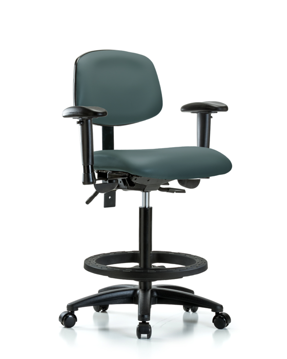 Blue Ridge Ergonomics VHBCH-RG-T0-A1-BF-RC-8546 Rutledge Vinyl Chair - High Bench Height with Adjustable Arms, Black Foot Ring, & Casters in Colonial Blue Trailblazer™ Vinyl