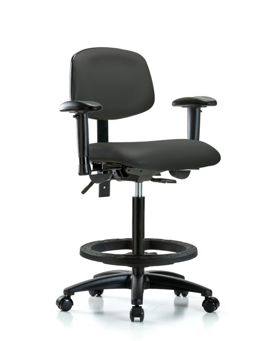 Blue Ridge Ergonomics VHBCH-RG-T0-A1-BF-RC-8605 Rutledge Vinyl Chair - High Bench Height with Adjustable Arms, Black Foot Ring, & Casters in Charcoal Trailblazer™ Vinyl