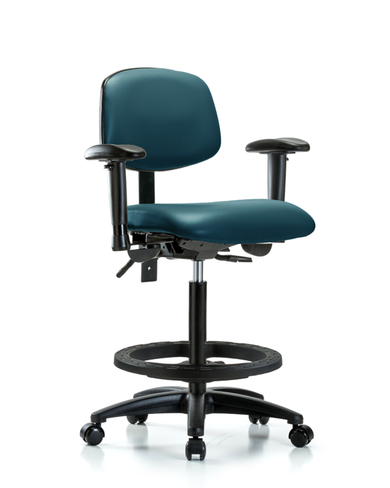 Blue Ridge Ergonomics VHBCH-RG-T0-A1-BF-RC-8801 Rutledge Vinyl Chair - High Bench Height with Adjustable Arms, Black Foot Ring, & Casters in Marine Blue Supernova™ Vinyl