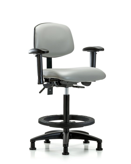 Blue Ridge Ergonomics VHBCH-RG-T0-A1-BF-RG-8567 Rutledge Vinyl Chair - High Bench Height with Adjustable Arms, Black Foot Ring, & Stationary Glides in Dove Trailblazer™ Vinyl