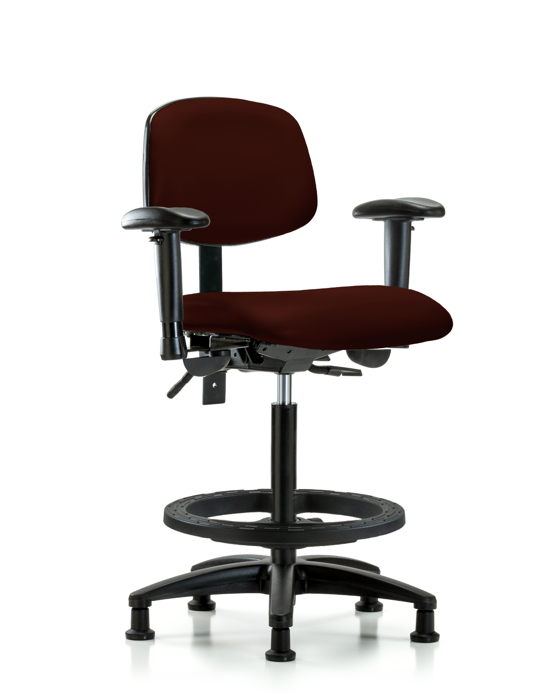 Blue Ridge Ergonomics VHBCH-RG-T0-A1-BF-RG-8569 Rutledge Vinyl Chair - High Bench Height with Adjustable Arms, Black Foot Ring, & Stationary Glides in Burgundy Trailblazer™ Vinyl