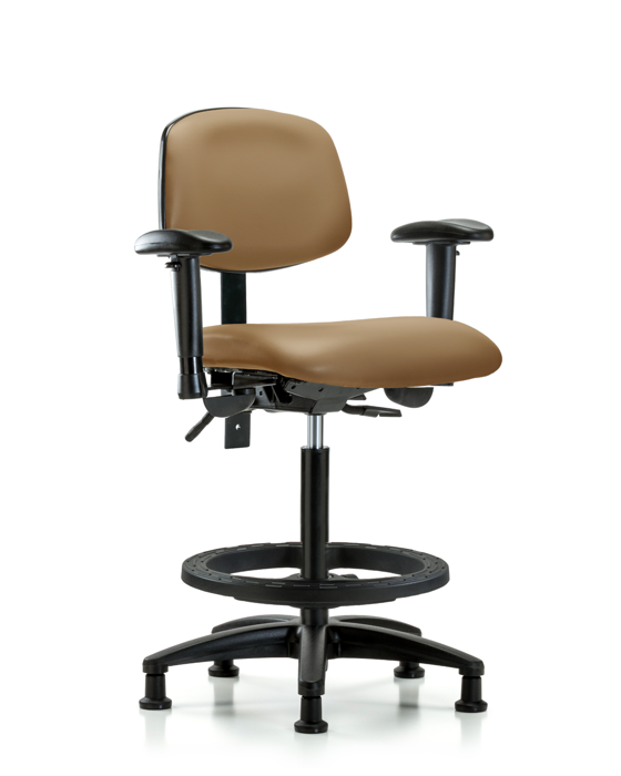 Blue Ridge Ergonomics VHBCH-RG-T0-A1-BF-RG-8584 Rutledge Vinyl Chair - High Bench Height with Adjustable Arms, Black Foot Ring, & Stationary Glides in Taupe Trailblazer™ Vinyl