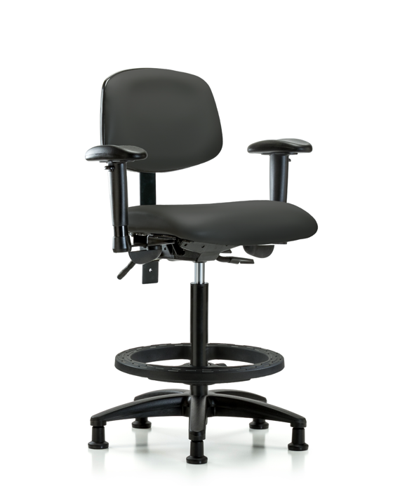 Blue Ridge Ergonomics VHBCH-RG-T0-A1-BF-RG-8605 Rutledge Vinyl Chair - High Bench Height with Adjustable Arms, Black Foot Ring, & Stationary Glides in Charcoal Trailblazer™ Vinyl