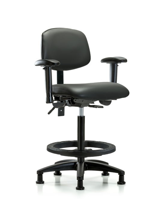 Blue Ridge Ergonomics VHBCH-RG-T0-A1-BF-RG-8823 Rutledge Vinyl Chair - High Bench Height with Adjustable Arms, Black Foot Ring, & Stationary Glides in Carbon Supernova™ Vinyl