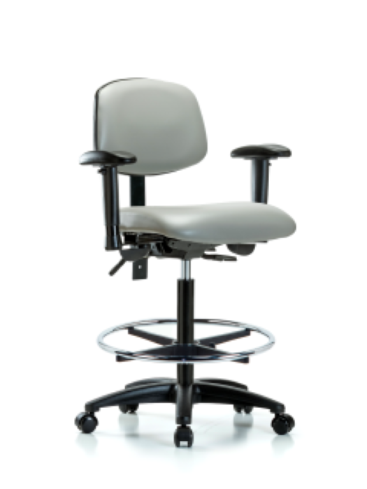 Blue Ridge Ergonomics VHBCH-RG-T0-A1-CF-RC-8567 Rutledge Vinyl Chair - High Bench Height with Adjustable Arms, Chrome Foot Ring, & Casters in Dove Trailblazer™ Vinyl