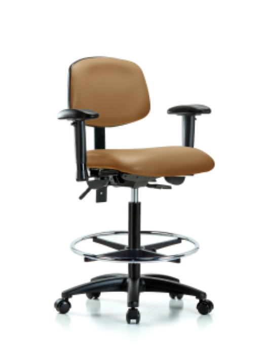 Blue Ridge Ergonomics VHBCH-RG-T0-A1-CF-RC-8584 Rutledge Vinyl Chair - High Bench Height with Adjustable Arms, Chrome Foot Ring, & Casters in Taupe Trailblazer™ Vinyl