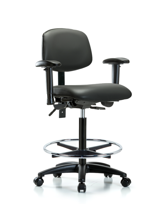 Blue Ridge Ergonomics VHBCH-RG-T0-A1-CF-RC-8823 Rutledge Vinyl Chair - High Bench Height with Adjustable Arms, Chrome Foot Ring, & Casters in Carbon Supernova™ Vinyl