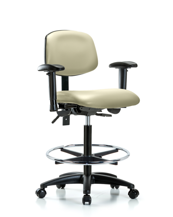 Blue Ridge Ergonomics VHBCH-RG-T0-A1-CF-RG-8501 Rutledge Vinyl Chair - High Bench Height with Adjustable Arms, Chrome Foot Ring, & Stationary Glides in Adobe White Trailblazer™ Vinyl