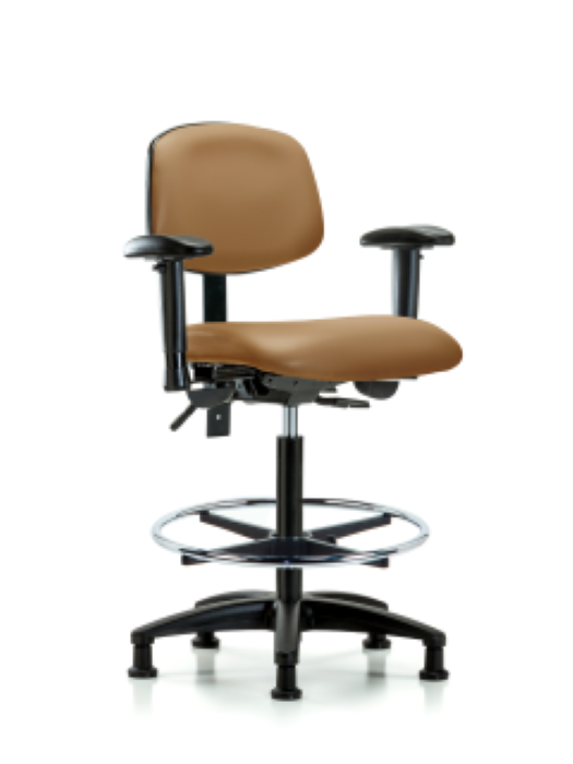 Blue Ridge Ergonomics VHBCH-RG-T0-A1-CF-RG-8584 Rutledge Vinyl Chair - High Bench Height with Adjustable Arms, Chrome Foot Ring, & Stationary Glides in Taupe Trailblazer™ Vinyl
