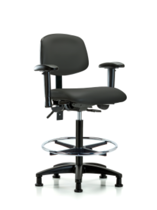 Blue Ridge Ergonomics VHBCH-RG-T0-A1-CF-RG-8605 Rutledge Vinyl Chair - High Bench Height with Adjustable Arms, Chrome Foot Ring, & Stationary Glides in Charcoal Trailblazer™ Vinyl