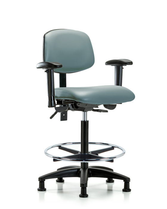 Blue Ridge Ergonomics VHBCH-RG-T0-A1-CF-RG-8822 Rutledge Vinyl Chair - High Bench Height with Adjustable Arms, Chrome Foot Ring, & Stationary Glides in Storm Supernova™ Vinyl