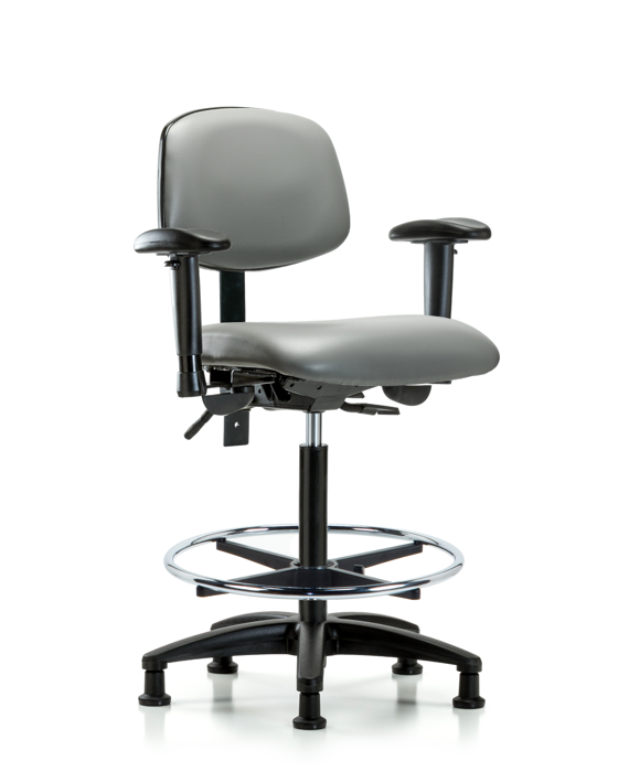 Blue Ridge Ergonomics VHBCH-RG-T0-A1-CF-RG-8840 Rutledge Vinyl Chair - High Bench Height with Adjustable Arms, Chrome Foot Ring, & Stationary Glides in Sterling Supernova™ Vinyl