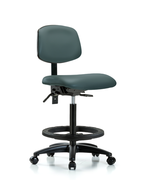 Blue Ridge Ergonomics VHBCH-RG-T1-A0-BF-RC-8546 Rutledge Vinyl Chair - High Bench Height with Seat Tilt, Black Foot Ring, & Casters in Colonial Blue Trailblazer™ Vinyl