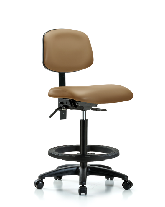 Blue Ridge Ergonomics VHBCH-RG-T1-A0-BF-RC-8584 Rutledge Vinyl Chair - High Bench Height with Seat Tilt, Black Foot Ring, & Casters in Taupe Trailblazer™ Vinyl