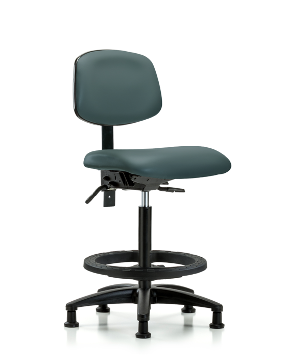 Blue Ridge Ergonomics VHBCH-RG-T1-A0-BF-RG-8546 Rutledge Vinyl Chair - High Bench Height with Seat Tilt, Black Foot Ring, & Stationary Glides in Colonial Blue Trailblazer™ Vinyl