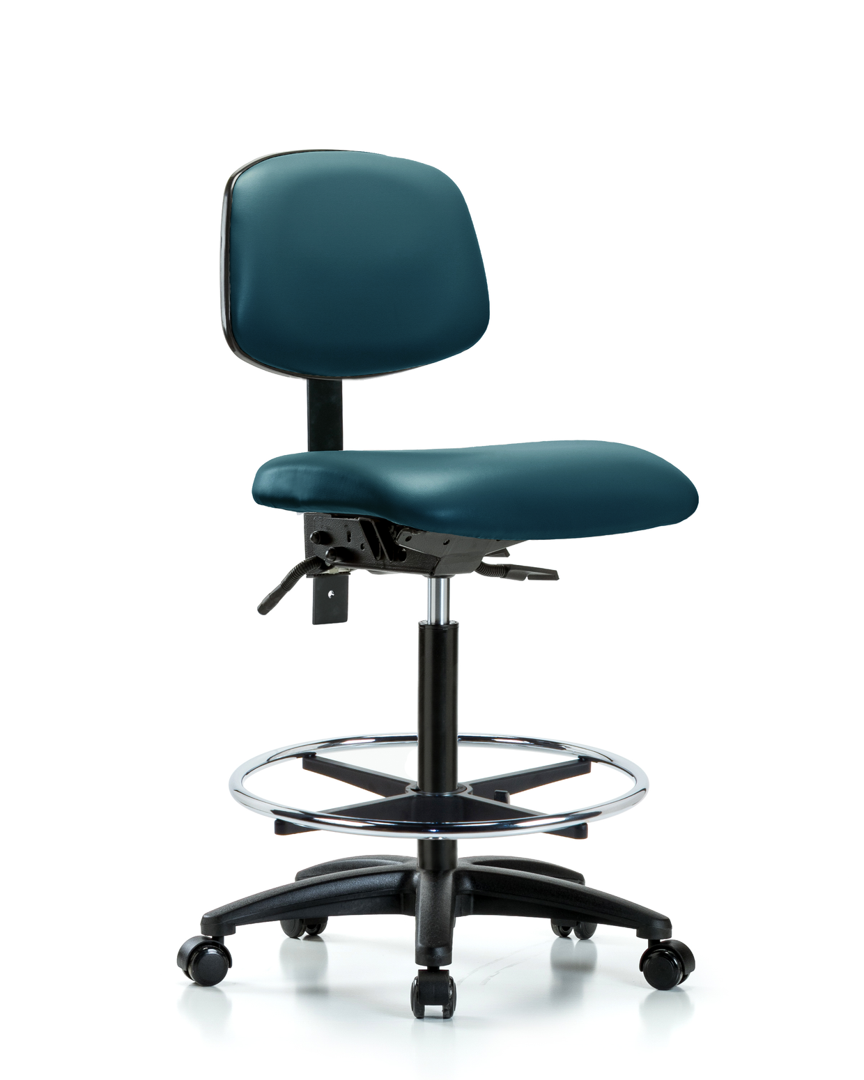 Blue Ridge Ergonomics VMBCH-CR-T1-A0-CF-RG-8823 Rutledge Vinyl Chair Chrome - Medium Bench Height with Seat Tilt, Chrome Foot Ring, & Stationary Glides in Carbon Supernova™ Vinyl