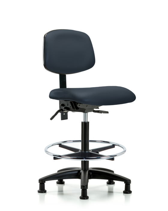 Blue Ridge Ergonomics VHBCH-RG-T1-A0-CF-RG-8582 Rutledge Vinyl Chair - High Bench Height with Seat Tilt, Chrome Foot Ring, & Stationary Glides in Imperial Blue Trailblazer™ Vinyl