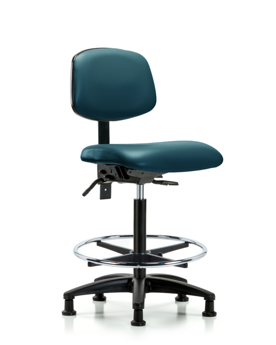 Blue Ridge Ergonomics VHBCH-RG-T1-A0-CF-RG-8801 Rutledge Vinyl Chair - High Bench Height with Seat Tilt, Chrome Foot Ring, & Stationary Glides in Marine Blue Supernova™ Vinyl