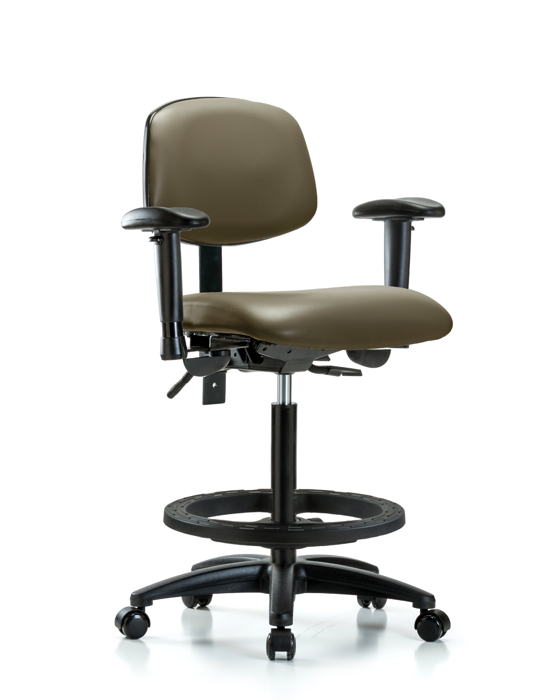 Blue Ridge Ergonomics VHBCH-RG-T1-A1-BF-RC-8809 Rutledge Vinyl Chair - High Bench Height with Seat Tilt, Adjustable Arms, Black Foot Ring, & Casters in Taupe Supernova™ Vinyl