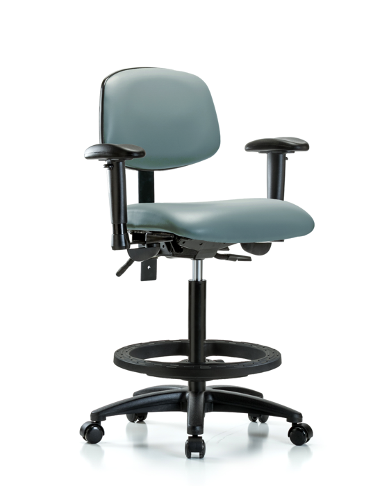 Blue Ridge Ergonomics VHBCH-RG-T1-A1-BF-RC-8822 Rutledge Vinyl Chair - High Bench Height with Seat Tilt, Adjustable Arms, Black Foot Ring, & Casters in Storm Supernova™ Vinyl