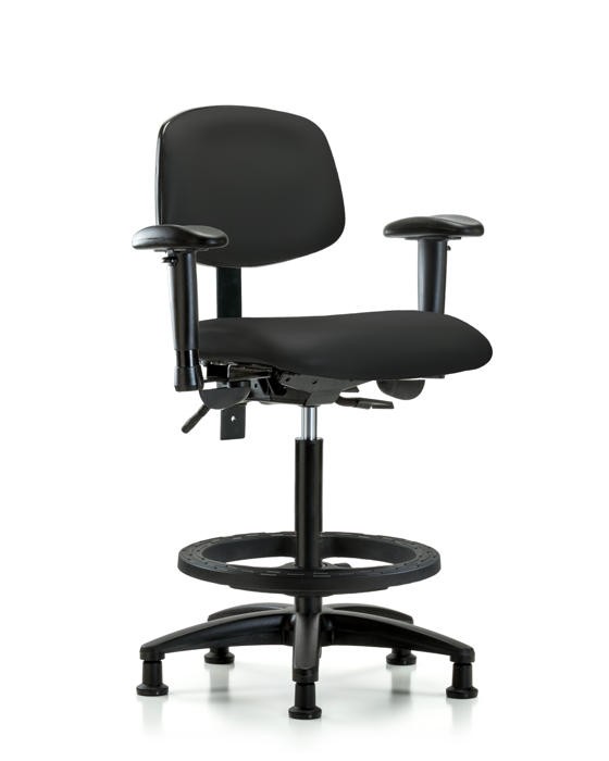 Blue Ridge Ergonomics VHBCH-RG-T1-A1-BF-RG-8540 Rutledge Vinyl Chair - High Bench Height with Seat Tilt, Adjustable Arms, Black Foot Ring, & Stationary Glides in Black Trailblazer™ Vinyl