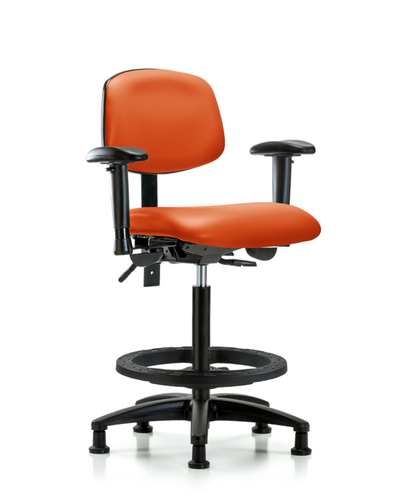 Blue Ridge Ergonomics VHBCH-RG-T1-A1-BF-RG-8613 Rutledge Vinyl Chair - High Bench Height with Seat Tilt, Adjustable Arms, Black Foot Ring, & Stationary Glides in Orange Kist Trailblazer™ Vinyl
