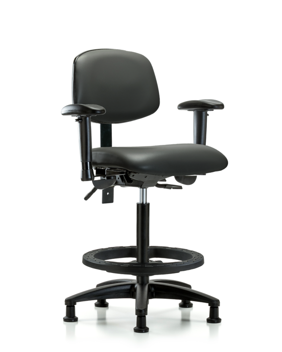 Blue Ridge Ergonomics VHBCH-RG-T1-A1-BF-RG-8823 Rutledge Vinyl Chair - High Bench Height with Seat Tilt, Adjustable Arms, Black Foot Ring, & Stationary Glides in Carbon Supernova™ Vinyl