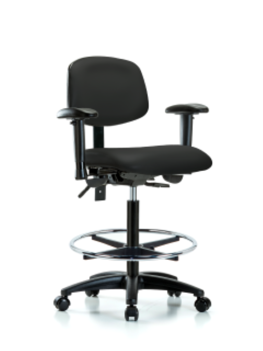 Blue Ridge Ergonomics VHBCH-RG-T1-A1-CF-RC-8540 Rutledge Vinyl Chair - High Bench Height with Seat Tilt, Adjustable Arms, Chrome Foot Ring, & Casters in Black Trailblazer™ Vinyl