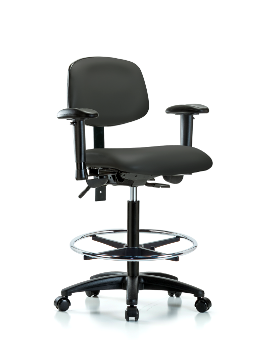 Blue Ridge Ergonomics VHBCH-RG-T1-A1-CF-RC-8605 Rutledge Vinyl Chair - High Bench Height with Seat Tilt, Adjustable Arms, Chrome Foot Ring, & Casters in Charcoal Trailblazer™ Vinyl