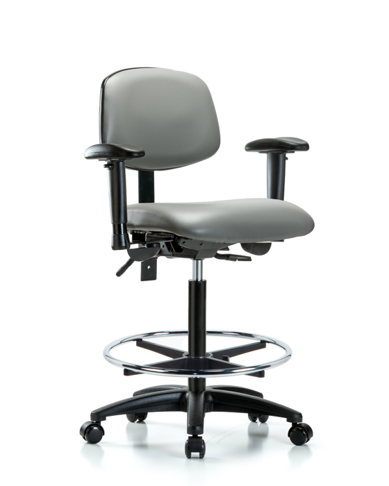 Blue Ridge Ergonomics VHBCH-RG-T1-A1-CF-RC-8840 Rutledge Vinyl Chair - High Bench Height with Seat Tilt, Adjustable Arms, Chrome Foot Ring, & Casters in Sterling Supernova™ Vinyl