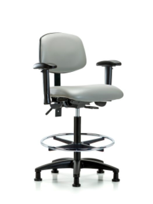 Blue Ridge Ergonomics VHBCH-RG-T1-A1-CF-RG-8567 Rutledge Vinyl Chair - High Bench Height with Seat Tilt, Adjustable Arms, Chrome Foot Ring, & Stationary Glides in Dove Trailblazer™ Vinyl
