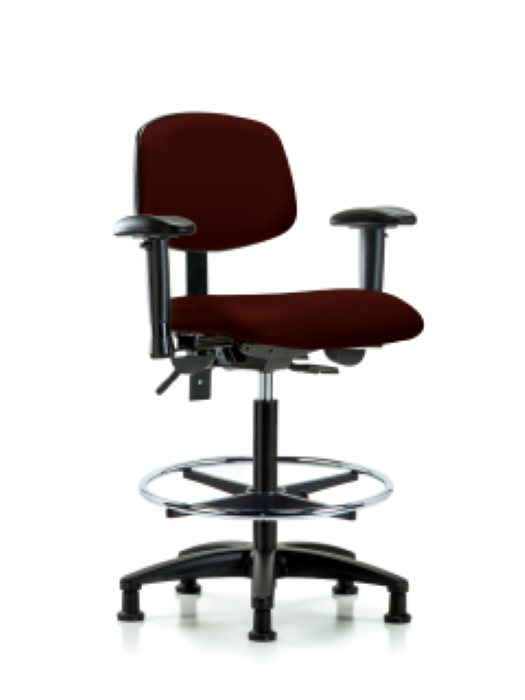 Blue Ridge Ergonomics VHBCH-RG-T1-A1-CF-RG-8569 Rutledge Vinyl Chair - High Bench Height with Seat Tilt, Adjustable Arms, Chrome Foot Ring, & Stationary Glides in Burgundy Trailblazer™ Vinyl