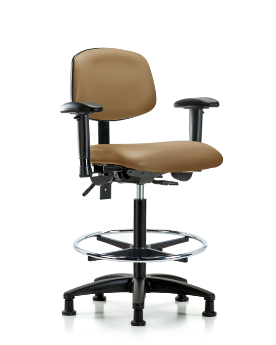 Blue Ridge Ergonomics VHBCH-RG-T1-A1-CF-RG-8584 Rutledge Vinyl Chair - High Bench Height with Seat Tilt, Adjustable Arms, Chrome Foot Ring, & Stationary Glides in Taupe Trailblazer™ Vinyl