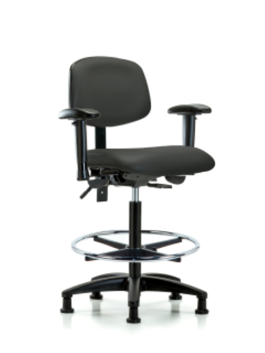 Blue Ridge Ergonomics VHBCH-RG-T1-A1-CF-RG-8605 Rutledge Vinyl Chair - High Bench Height with Seat Tilt, Adjustable Arms, Chrome Foot Ring, & Stationary Glides in Charcoal Trailblazer™ Vinyl