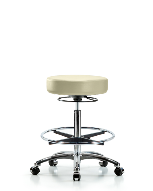 Blue Ridge Ergonomics VHBSO-CR-CF-CC-8501 Rutledge Vinyl Stool without Back Chrome - High Bench Height with Chrome Foot Ring & Casters in Adobe White Trailblazer™ Vinyl