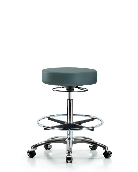 Blue Ridge Ergonomics VHBSO-CR-CF-CC-8546 Rutledge Vinyl Stool without Back Chrome - High Bench Height with Chrome Foot Ring & Casters in Colonial Blue Trailblazer™ Vinyl