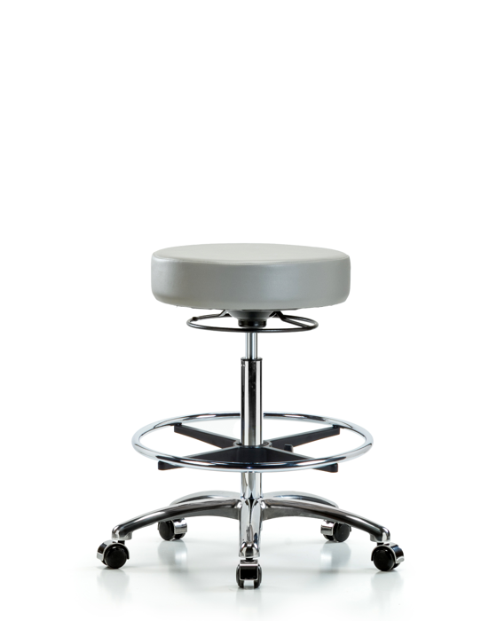 Blue Ridge Ergonomics VHBSO-CR-CF-CC-8567 Rutledge Vinyl Stool without Back Chrome - High Bench Height with Chrome Foot Ring & Casters in Dove Trailblazer™ Vinyl
