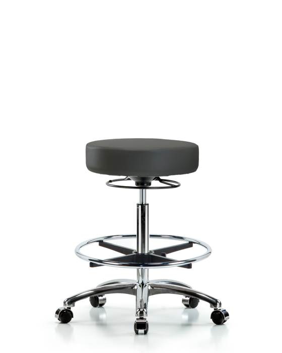 Blue Ridge Ergonomics VHBSO-CR-CF-CC-8605 Rutledge Vinyl Stool without Back Chrome - High Bench Height with Chrome Foot Ring & Casters in Charcoal Trailblazer™ Vinyl