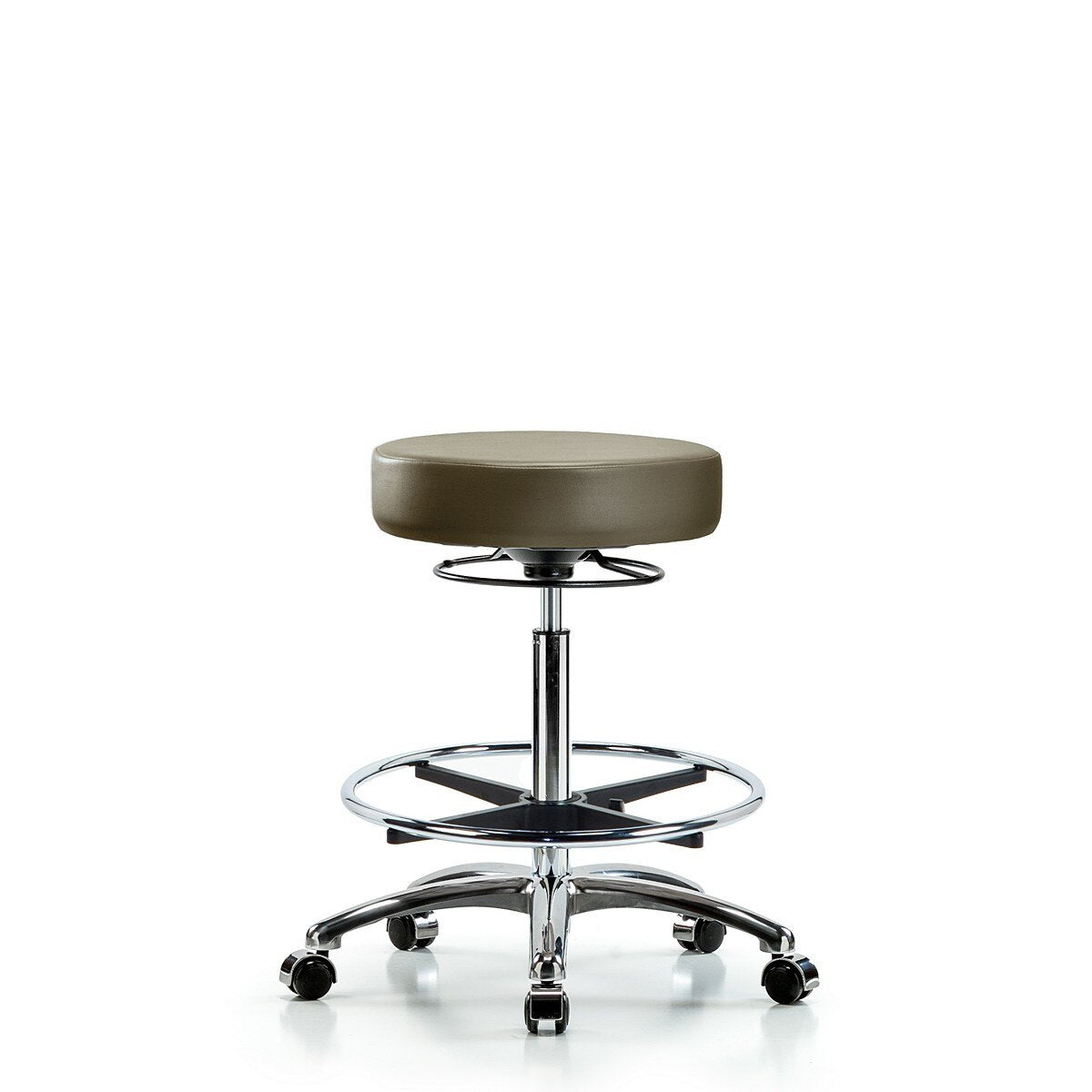 Blue Ridge Ergonomics VHBSO-CR-CF-CC-8809 Rutledge Vinyl Stool without Back Chrome - High Bench Height with Chrome Foot Ring & Casters in Taupe Supernova™ Vinyl