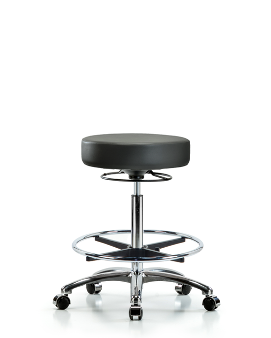 Blue Ridge Ergonomics VHBSO-CR-CF-CC-8823 Rutledge Vinyl Stool without Back Chrome - High Bench Height with Chrome Foot Ring & Casters in Carbon Supernova™ Vinyl