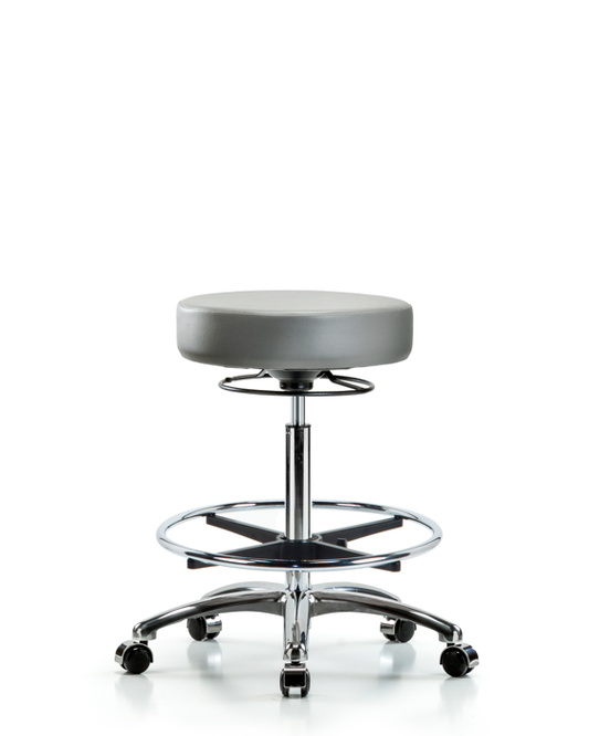 Blue Ridge Ergonomics VHBSO-CR-CF-CC-8840 Rutledge Vinyl Stool without Back Chrome - High Bench Height with Chrome Foot Ring & Casters in Sterling Supernova™ Vinyl