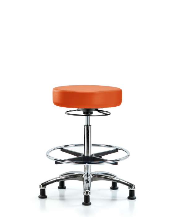 Blue Ridge Ergonomics VHBSO-CR-CF-RG-8613 Rutledge Vinyl Stool without Back Chrome - High Bench Height with Chrome Foot Ring & Stationary Glides in Orange Kist Trailblazer™ Vinyl