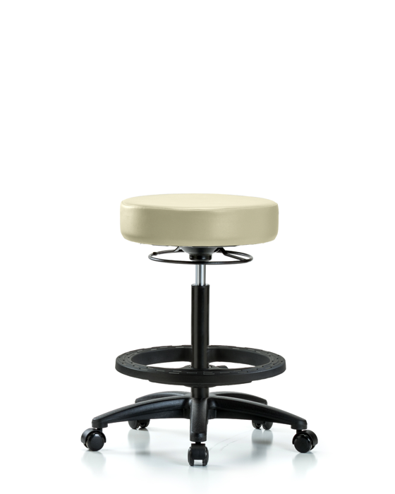 Blue Ridge Ergonomics VHBSO-RG-BF-RC-8501 Rutledge Vinyl Stool without Back - High Bench Height with Black Foot Ring & Casters in Adobe White Trailblazer™ Vinyl