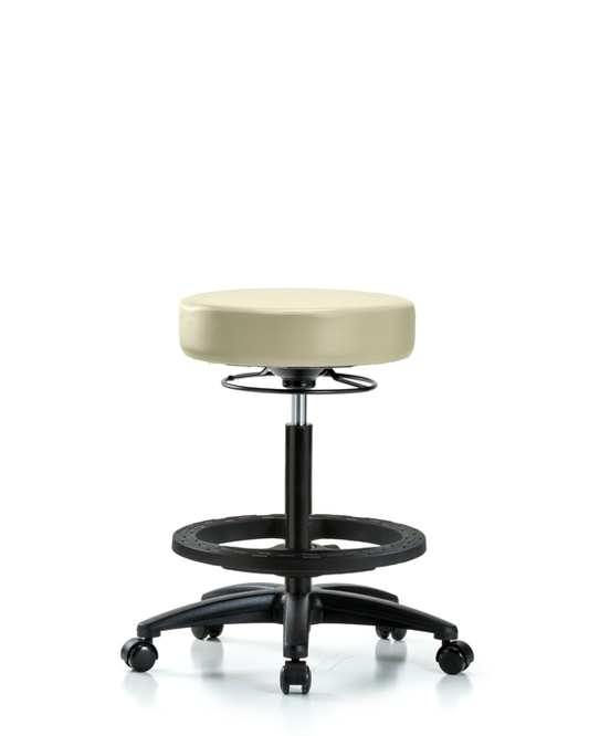 Blue Ridge Ergonomics VHBSO-RG-BF-RC-8501 Rutledge Vinyl Stool without Back - High Bench Height with Black Foot Ring & Casters in Adobe White Trailblazer™ Vinyl