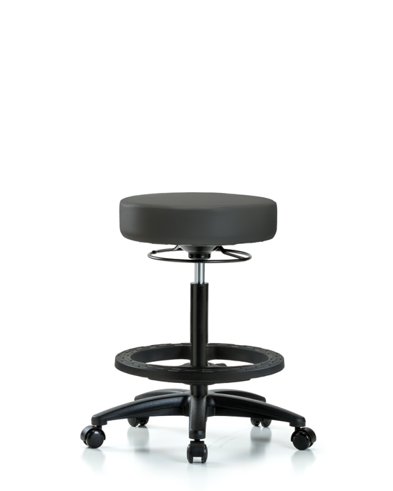 Blue Ridge Ergonomics VHBSO-RG-BF-RC-8605 Rutledge Vinyl Stool without Back - High Bench Height with Black Foot Ring & Casters in Charcoal Trailblazer™ Vinyl