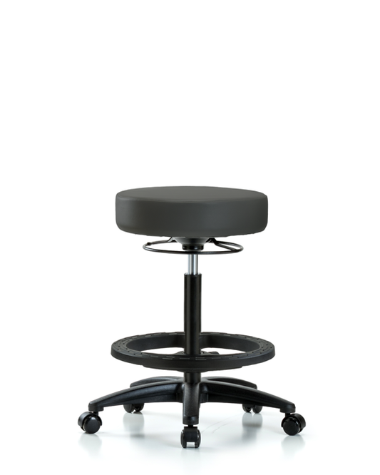 Blue Ridge Ergonomics VHBSO-RG-BF-RC-8605 Rutledge Vinyl Stool without Back - High Bench Height with Black Foot Ring & Casters in Charcoal Trailblazer™ Vinyl