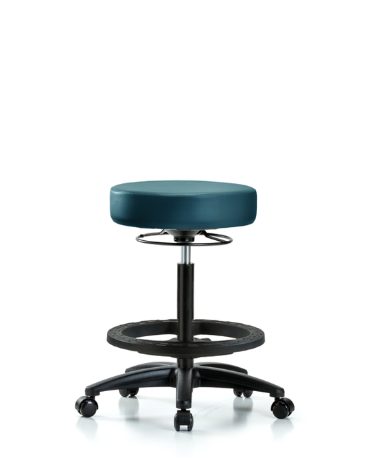 Blue Ridge Ergonomics VHBSO-RG-BF-RC-8801 Rutledge Vinyl Stool without Back - High Bench Height with Black Foot Ring & Casters in Marine Blue Supernova™ Vinyl