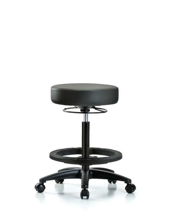Blue Ridge Ergonomics VHBSO-RG-BF-RC-8823 Rutledge Vinyl Stool without Back - High Bench Height with Black Foot Ring & Casters in Carbon Supernova™ Vinyl