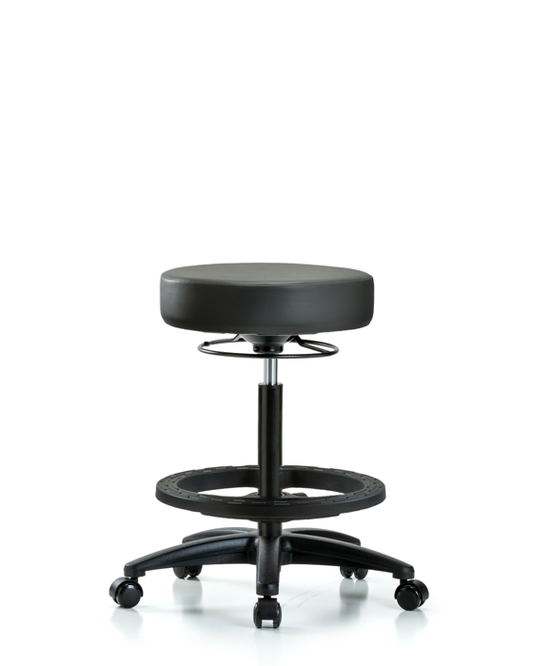 Blue Ridge Ergonomics VHBSO-RG-BF-RC-8823 Rutledge Vinyl Stool without Back - High Bench Height with Black Foot Ring & Casters in Carbon Supernova™ Vinyl