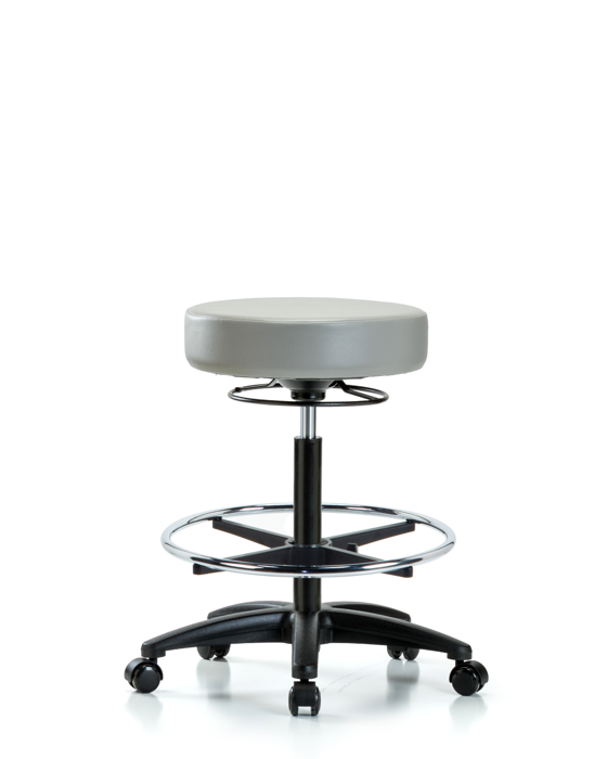Blue Ridge Ergonomics VHBSO-RG-CF-RC-8567 Rutledge Vinyl Stool without Back - High Bench Height with Chrome Foot Ring & Casters in Dove Trailblazer™ Vinyl